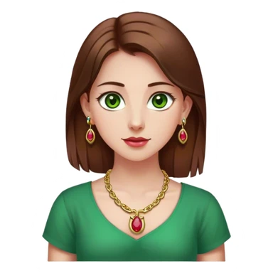 Clean Girl with straight brown hair, green eyes, small ruby earrings, gold small horse shoe necklace, ruby colored shirt sticker