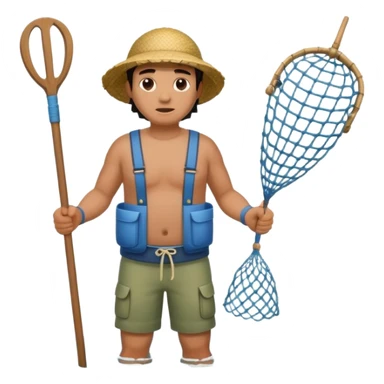 A Polynesian fisherman standing in the water with a net full of fish. The fisherman has empty hands and is standing in the water. sticker