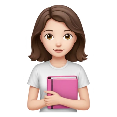 pale brunette woman with shoulder-length wavy brunette hair, wearing a white t-shirt, holding a pink Bible sticker