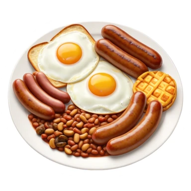 English Breakfast Cinematic Realistic English Breakfast Dish Emoji, depicted as a hearty plate featuring 2 sizzling sausages, a central serving of baked beans, 2 perfectly fried eggs, 2 sliced grilled tomatoes, 2 grilled mushrooms, and a triangle-shaped hash brown, rendered with vivid textures and warm, inviting lighting. sticker