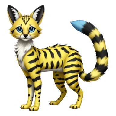 Edgy cool beautiful elegant spotted hype-realistic, black-maned, vibrant yellow Genet-Serval-Sergal-Margay-Fox-fusion-hybrid-furry-fursona, full body, with a long puffy fluffy black-and-white-striped tail, black long big ears, with natural blue eyes sticker