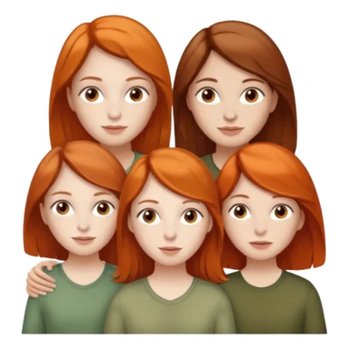 Give me a mom with neutral brown hair, white. Two twin sisters, one with pale skin, freckles, orange hair. The other is a dark brunette, with olive skin. sticker