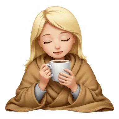 blonde girl snuggled in a blanket, drinking coffee, peaceful expression, eyes closed, emoji style sticker