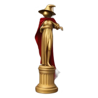 distant view of an abstract renaissance statue of a female figure in a coat with a red plague doctor's mask on her face standing on an antique style golden greek column, 4K resolution sticker