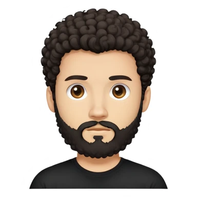 young man with light skin, thick curly dark hair, full beard, neutral expression, plain black t-shirt, front-facing, minimalistic, simplified features, clean lines, flat design sticker