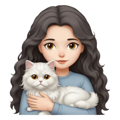 a girl with long dark wavy hair hug a fluffy persian cat with dominant white body and gray on its forehead  sticker