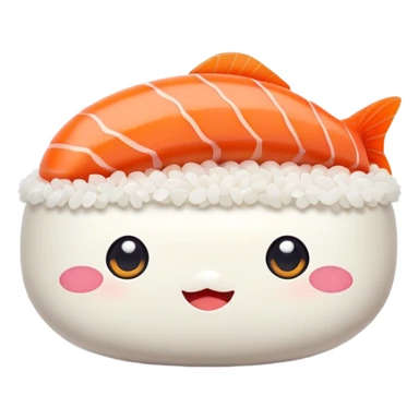Cute Kawaii Nigiri Sushi, plump and happy, a soft white rice pillow topped with bright orange salmon, tiny blushing cheeks, big round eyes, a joyful floating expression! sticker