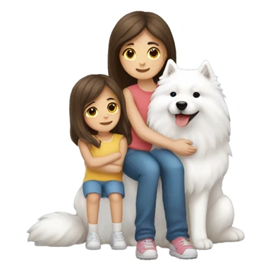 Girl with brunette long hair hugging boy samoyed and girl Samoyed  sticker