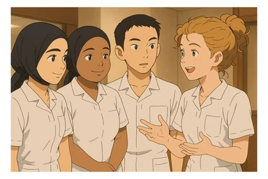 Groupe de quatre étudiants infirmiers, style Ghibli, en interaction dans un environnement intérieur. Uniformes médicaux blancs, manches courtes, col en V, poche poitrine à gauche, pas de stéthoscopes ni pied de col, avant-bras nus, cheveux longs attachés. Inspirés des quatre personnes sur les photos jointes. sticker