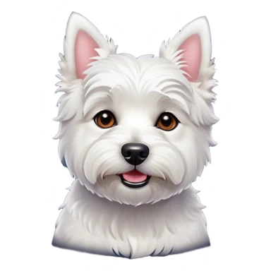 Cinematic Cute West Highland White Terrier Portrait Emoji, Head tilted playfully and inquisitively, featuring a fluffy, immaculate white coat with perky ears, round, sparkling dark eyes filled with curiosity, Simplified yet irresistibly adorable features, highly detailed, glowing with a warm, friendly glow, high shine, affectionate and lively, stylized with a touch of whimsy, bright and endearing, soft glowing outline, capturing the essence of a mischievous yet loving pup, so playful it feels like it could bound out of the screen and into your arms! sticker