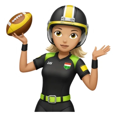 woman catching a football, wearing a helmet, black uniform with white accents, lemon lime flag belt, no country flags sticker