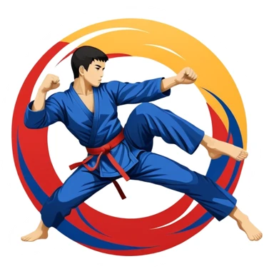 An emblem-style design featuring crossed martial arts weapons like a fist and foot, symbolizing striking combat sports. The background includes a silhouette of a fighter in an action pose, with dynamic lines and bold colors, showcasing speed and power. Transparent background. sticker