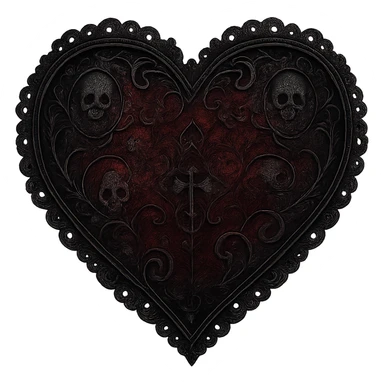 goth heart, black and deep red, ornate lace, subtle skull or cross motif, moody atmosphere, no background sticker