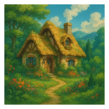 a cozy cottage in a magical landscape, ghibli style, detailed, enchanting, lush environment sticker