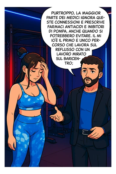 TRASFORMA QUESTO CAROSELLO IN UN FUMETTO STILE WEBTOON/MANGA A COLORI CON QUESTE DUE PERSONE IDENTICHE CHE INTERLOQUISCONO TRA LORO, L'uomo sta spiegando alla donna questo concetto MENTRE LA DONNA SI TIENE la mano sulla fronte sconcertata:

LUI (UOMO): Purtroppo, la maggior parte dei medici ignora queste connessioni e prescrive farmaci antiacidi e inibitori di pompa, anche quando si potrebbero evitare.
Il mio è il primo e unico percorso che lavora sul reflusso con un lavoro mirato sul baricentro; sticker