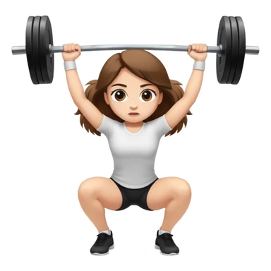 A girl with light skin, big eyes, long brown hair and wearing a white shirt is doing an overhead squat with a lot of weight on the barbell sticker