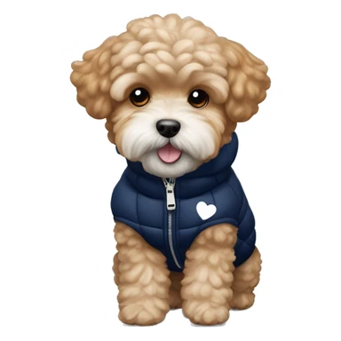 Ginger maltipoo wearing navy blue puffer jacket with white hearts pattern  sticker