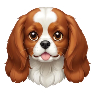 Cinematic Cute Blenheim Cavalier King Charles Spaniel Portrait Emoji, Head tilted playfully and inquisitively, silky Blenheim coat with warm chestnut and crisp white patches, round, sparkling brown eyes filled with curiosity, Simplified yet irresistibly adorable features, highly detailed, glowing with a warm, friendly glow, high shine, affectionate and lively, stylized with a touch of whimsy, bright and endearing, soft glowing outline, capturing the essence of a mischievous yet loving pup, so playful it feels like it could pounce out of the screen and into your arms! sticker