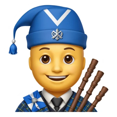 Create a smiling emoji based on "party face with party hat" emoji. Use a blue and white colors from the Scottish Saltire. Include bagpipes next to the emoji, incorporating tartan Blending scottish details blending into the design. sticker