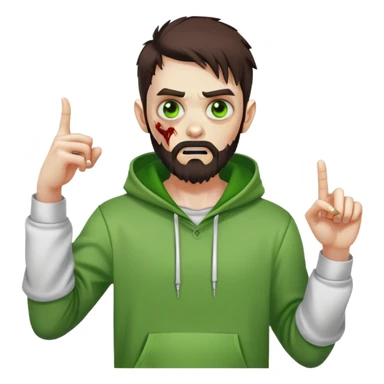 zombie pointing finger, undercut hairstyle with dark brown hair, short full beard, bright green eyes, wearing plain white hoodie sticker