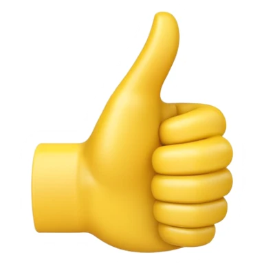 Apple-style 3D illustration of a single yellow emoji hand giving a thumbs up gesture, glossy and rounded, centered on a clean white background, soft shadow underneath, isolated and minimal design sticker