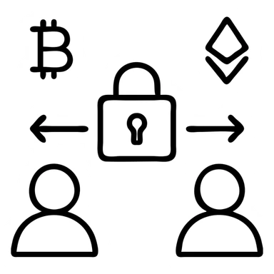 P2P cryptocurrency transaction with escrow protection, showing two user icons, crypto symbols, and a secure vault between them sticker