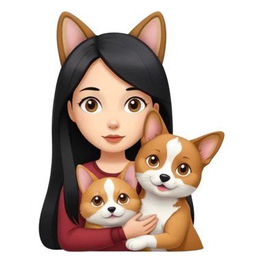 The girl with long black hair holding a corgi and a Abyssinian cat sticker