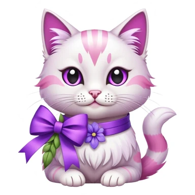 white and pink feathered cat holding purple flowers with a bow on its neck, emoji style sticker