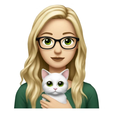 pretty white girl with dark green eyes, long ombré hair from dirty blonde to blonde, with square frame glasses. holding a cat sticker