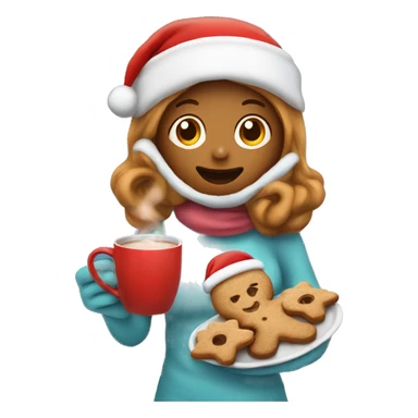 girl with a tray in front of her with gingerman cookies and hot chocolate with blanket and wears a santa hat sticker