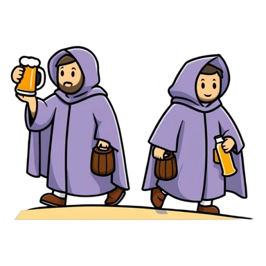 medieval pilgrims walking on a journey path with cloaks and beer bottles sticker