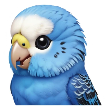 cinematic-cute-blue-budgie-portrait-emoji,-head-tilted-playfully-and-inquisitively,-featuring-a-brilliant-blue-feathered-fur-and white and black feathered face-with-a-natural-sheen,-round,-sparkling-dark-eyes-filled-with-curiosity,-simplified-yet-irresistibly-adorable sticker