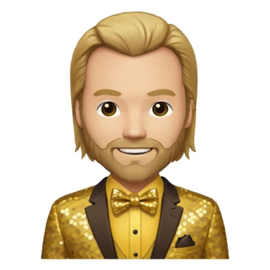 Tyler Mane with long dark blonde hair, yellow shirt, brown sequin suit with bow tie sticker