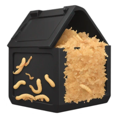 Black cubic plastic container with wood shavings and worms inside sticker