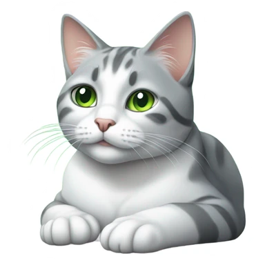 realistic grey and white cat gazing forward while laying down with green eyes  sticker