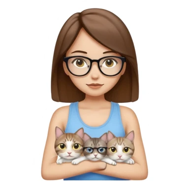 iOS-style emoji of a light-skinned girl with straight medium brown hair, black glasses and a white tank top, holding two cats: one white with yellow eyes and one gray tabby Siamese with blue eyes. sticker