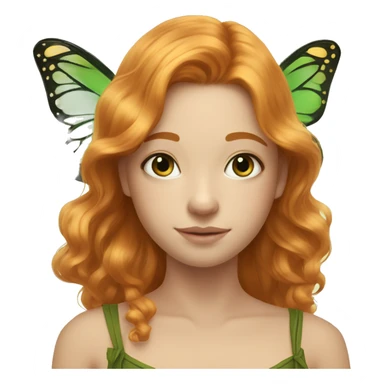 Beautiful, cornflower, fairy, green, gold, chest length ginger hair, big green and gold butterfly wings sticker