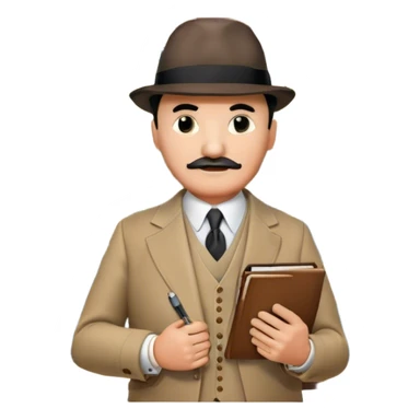 A cinematic-style frame showing Hercule Poirot in his iconic suit with a notebook in a dramatic detective pose. Background should be mysterious city, map, a board with photos of suspects, clues like fingerprints. Transparent background. sticker