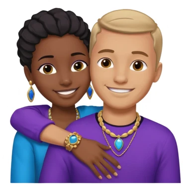 Tan European male wearing blue and smiling and hugging a jet black African girl in purple clothes with blue jewelry sticker