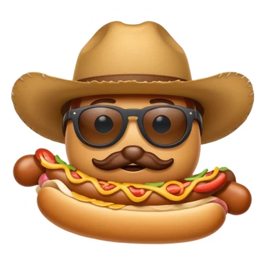 A hotdog with sunglasses and a cowboy hat sticker