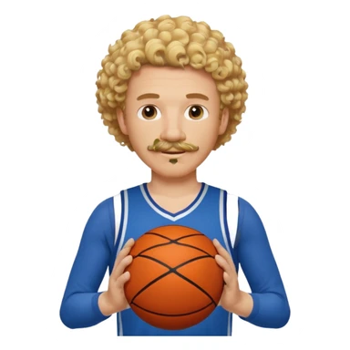 white blonde curly hair man basketball player blue jersey with mustache holding basket ball sticker