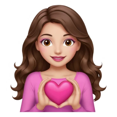 girl with long wavy brown hair, brown eyes, long lashes makeup, sexy pink lips, light to medium complexion, wearing a pink sexy top, smiling, holding a big heart with both hands sticker