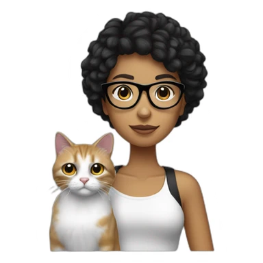 chica blanca de pelo negro lacio y gafas con chico moreno con un moño y un gato blanco y negro sticker