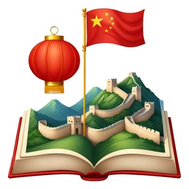 An icon featuring the Great Wall of China and the big flag of China, symbolizing the Chinese language. The design includes an open book with Chinese characters and a red lantern, representing language learning. Transparent background highlights the depth of Chinese heritage. sticker