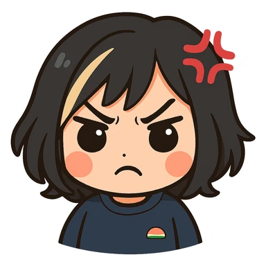 Edit this exact chibi girl to look angry with her mouth closed, keeping the same anime chibi style, face, hair, and outfit. Add furrowed brows, a frown, a little anger mark on her forehead, and a closed mouth. Maintain transparent background, sized for Twitch emoji use. sticker