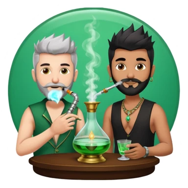 Brass hookah with green design on a glass water base on the top; with two smoke pipes where people are holding them and smoking - one white guy with spikes (silver and black hair) and another Tamil handsome with little beard Indian guy sticker