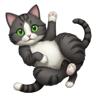 dark grey cat with green eyes, white toes/paws and white patch on her chest playfully rolling upside down sticker