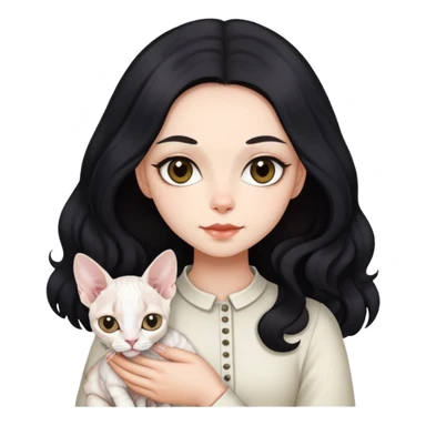 a  girl with black long hair with a white devon rex  sticker