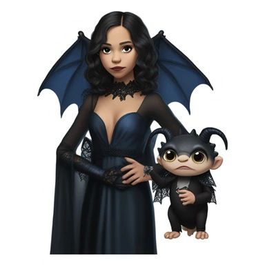 relaxed low-cut back silk black evening gown with lace gloves, Jenna Ortega as Addams woman prom queen wearing a mini tiara, very large blood blue evil-looking horned old dragon hand puppet sticker