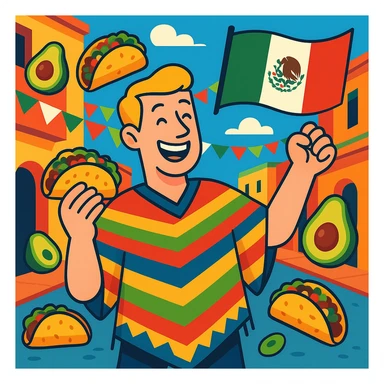 festive Cinco de Mayo cartoon of a tall white American with blonde hair, smiling, wearing a colorful poncho, holding a taco and an avocado, waving a Mexico flag, surrounded by tacos and avocados, on a lively street background, bright and bold colors sticker
